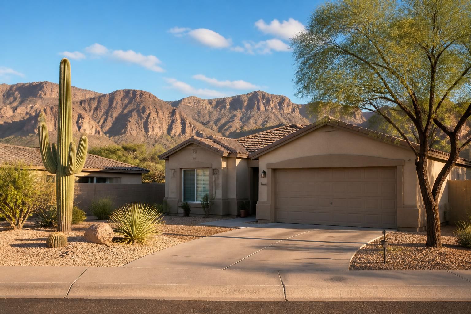 Quiet Apache Junction neighborhood with desert foothills and warm sunlight.