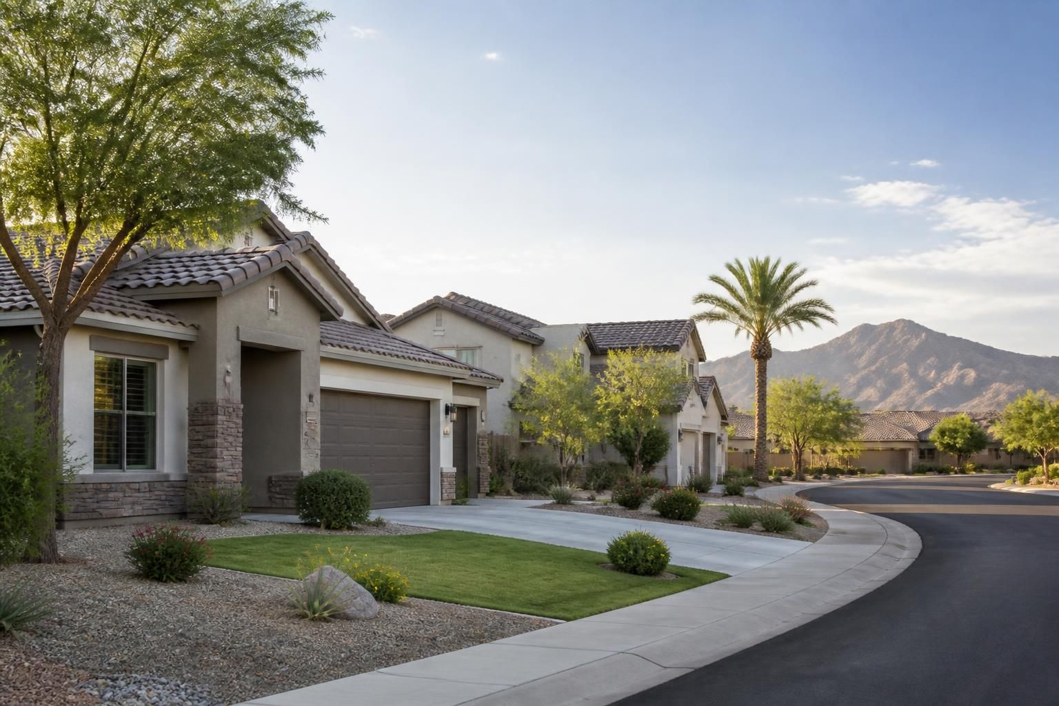 Modern Chandler neighborhood with manicured yards and calm atmosphere.