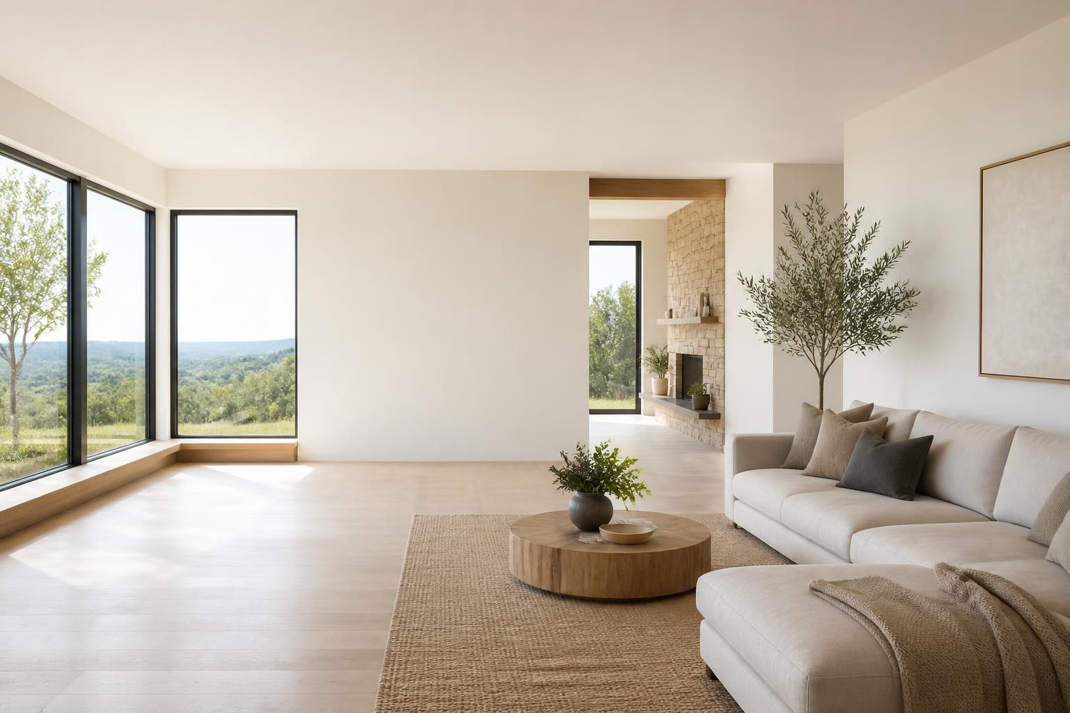 Bright modern home interior with open space and expansive windows.
