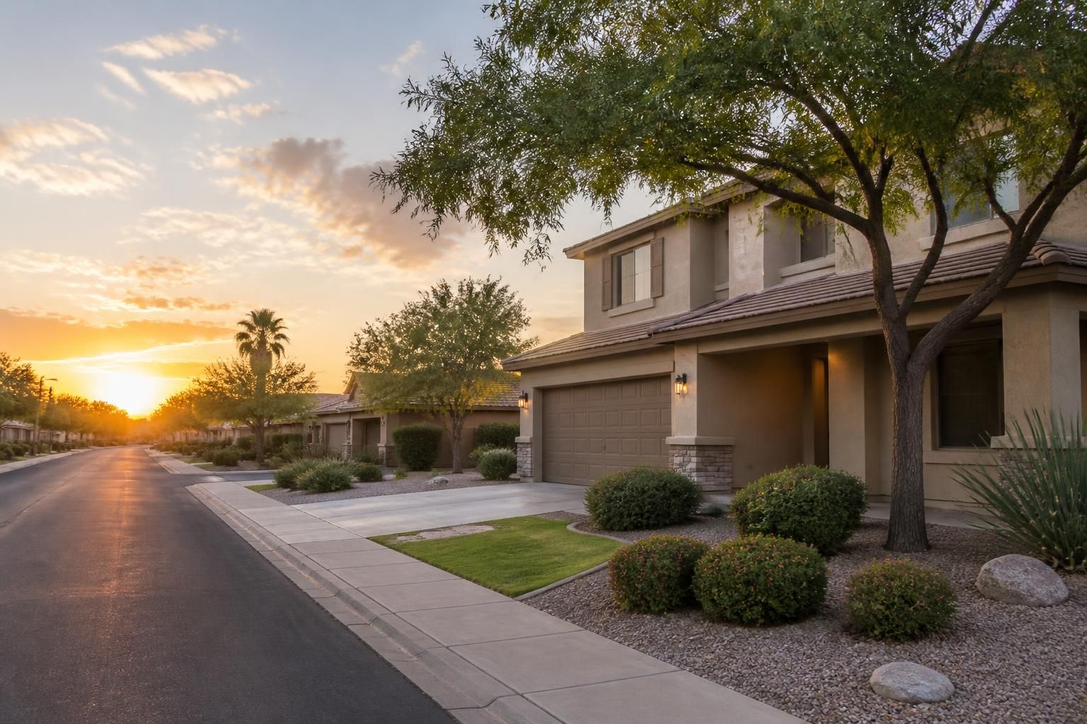 Well-kept Gilbert neighborhood with tree-lined streets and soft evening light.