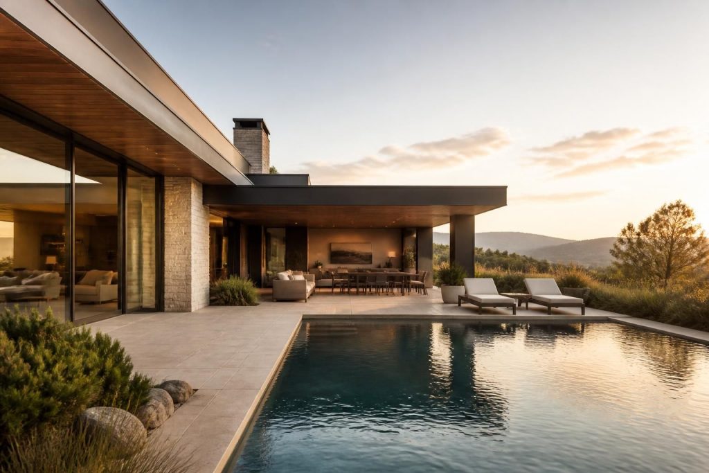 Modern luxury home exterior with warm natural light at golden hour.