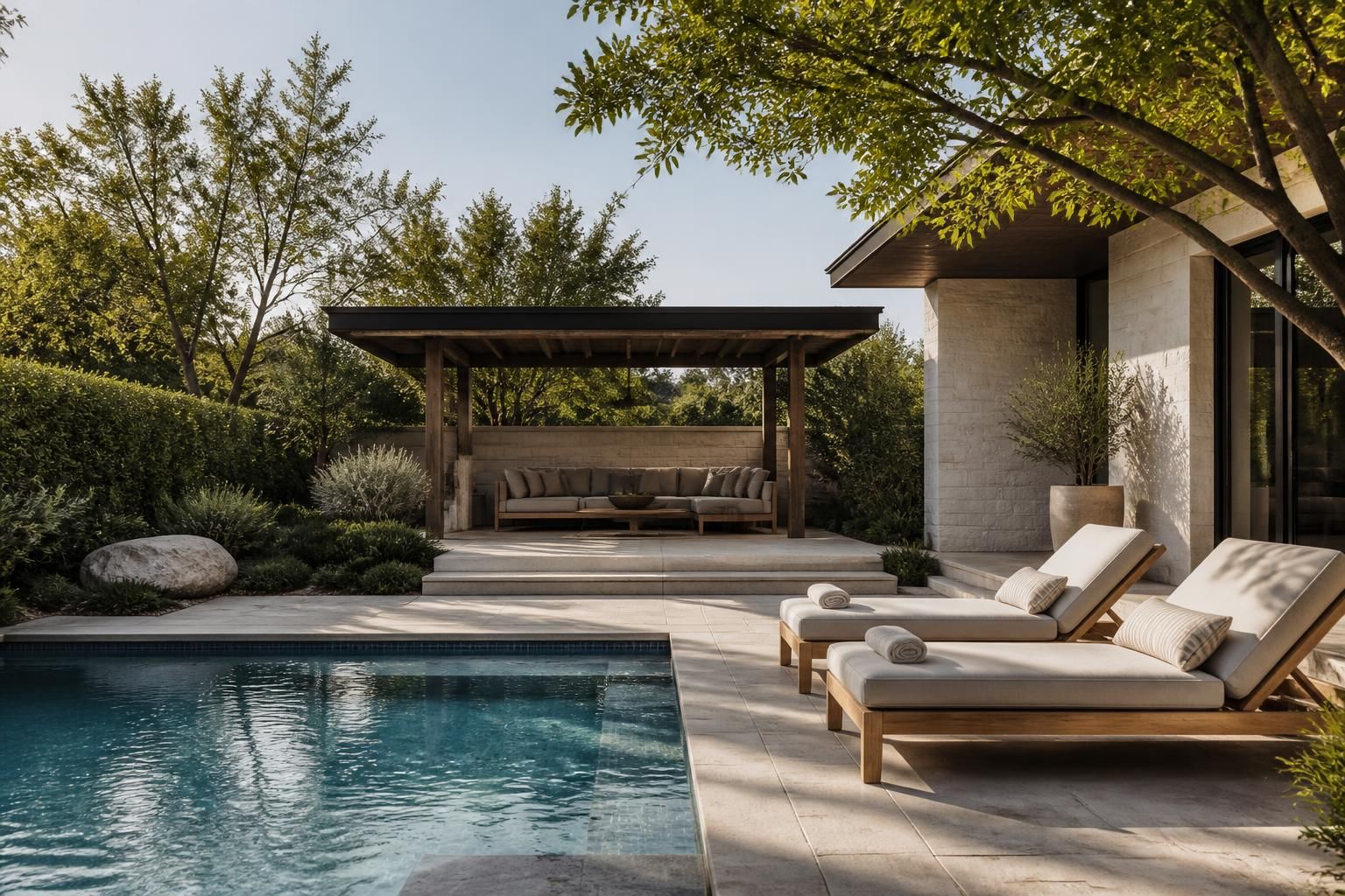 Luxury backyard patio with pool and clean landscaped surroundings.