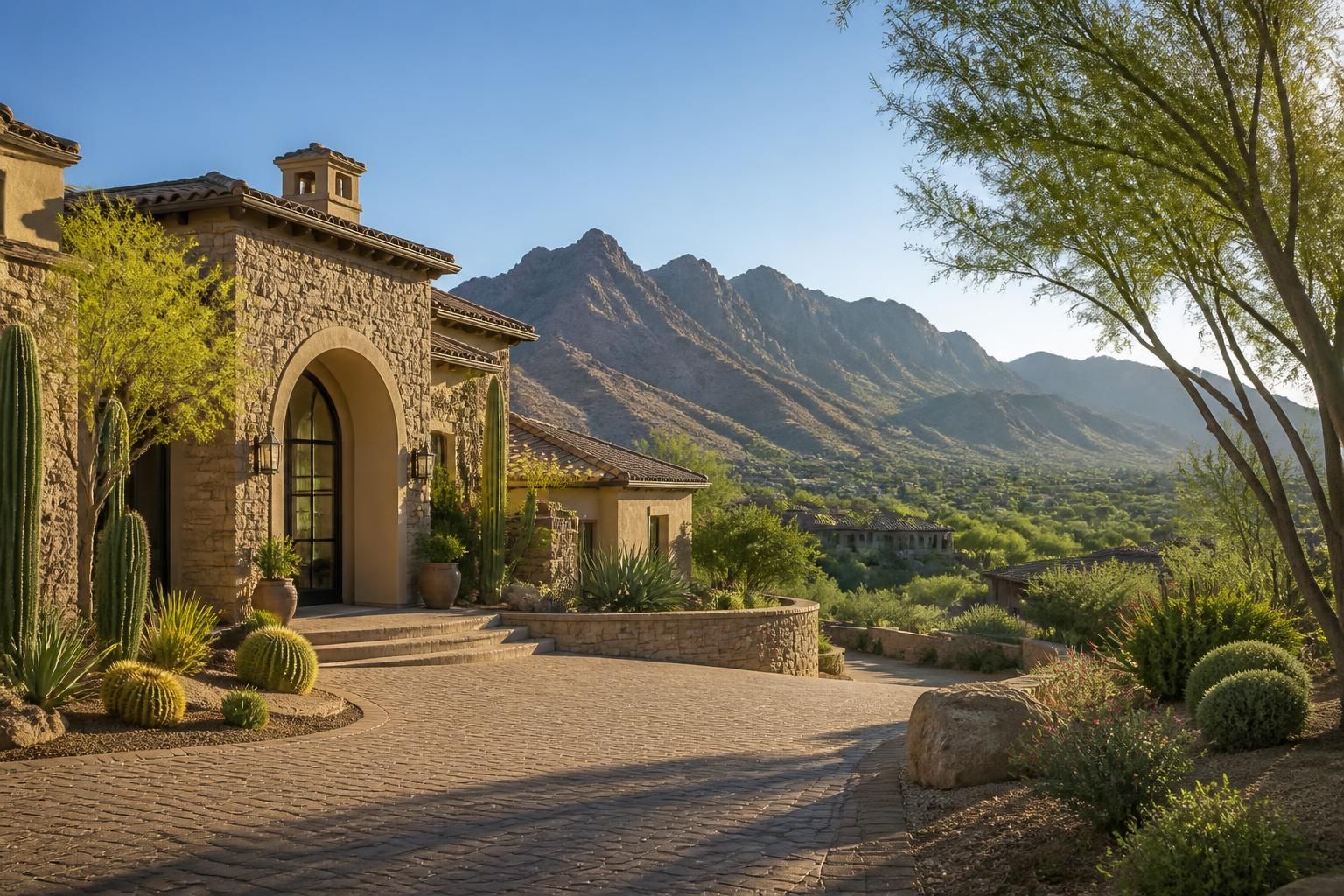 Elegant Paradise Valley homes with hillside setting and soft sunlight.