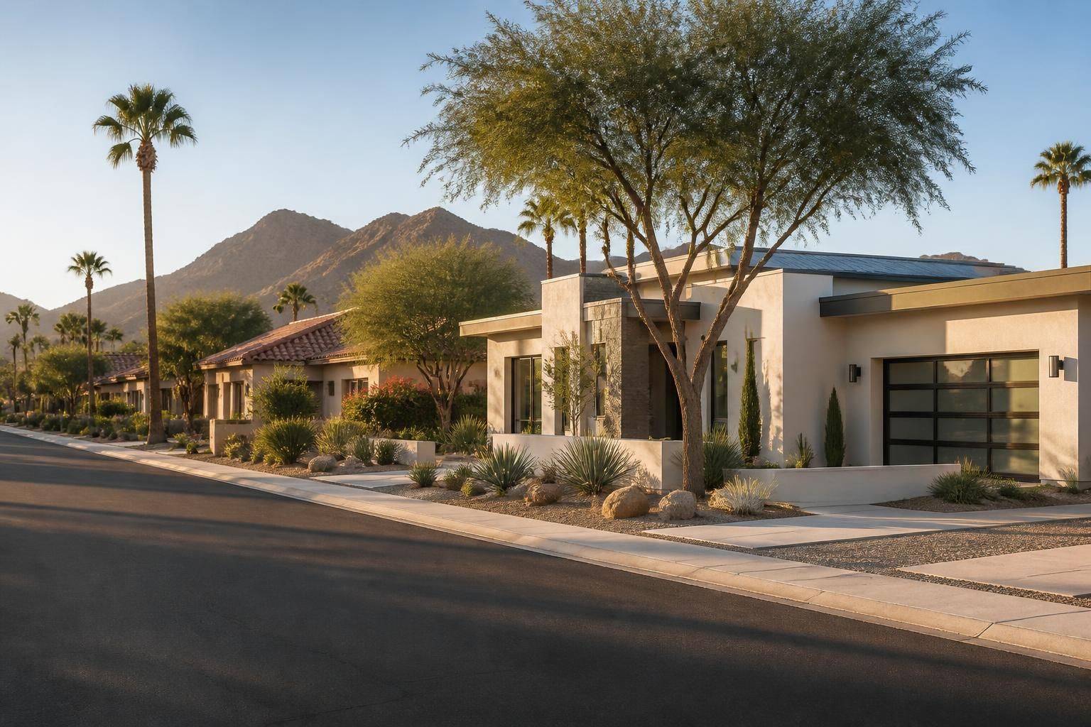 Stylish Phoenix homes along clean streets in warm desert light.