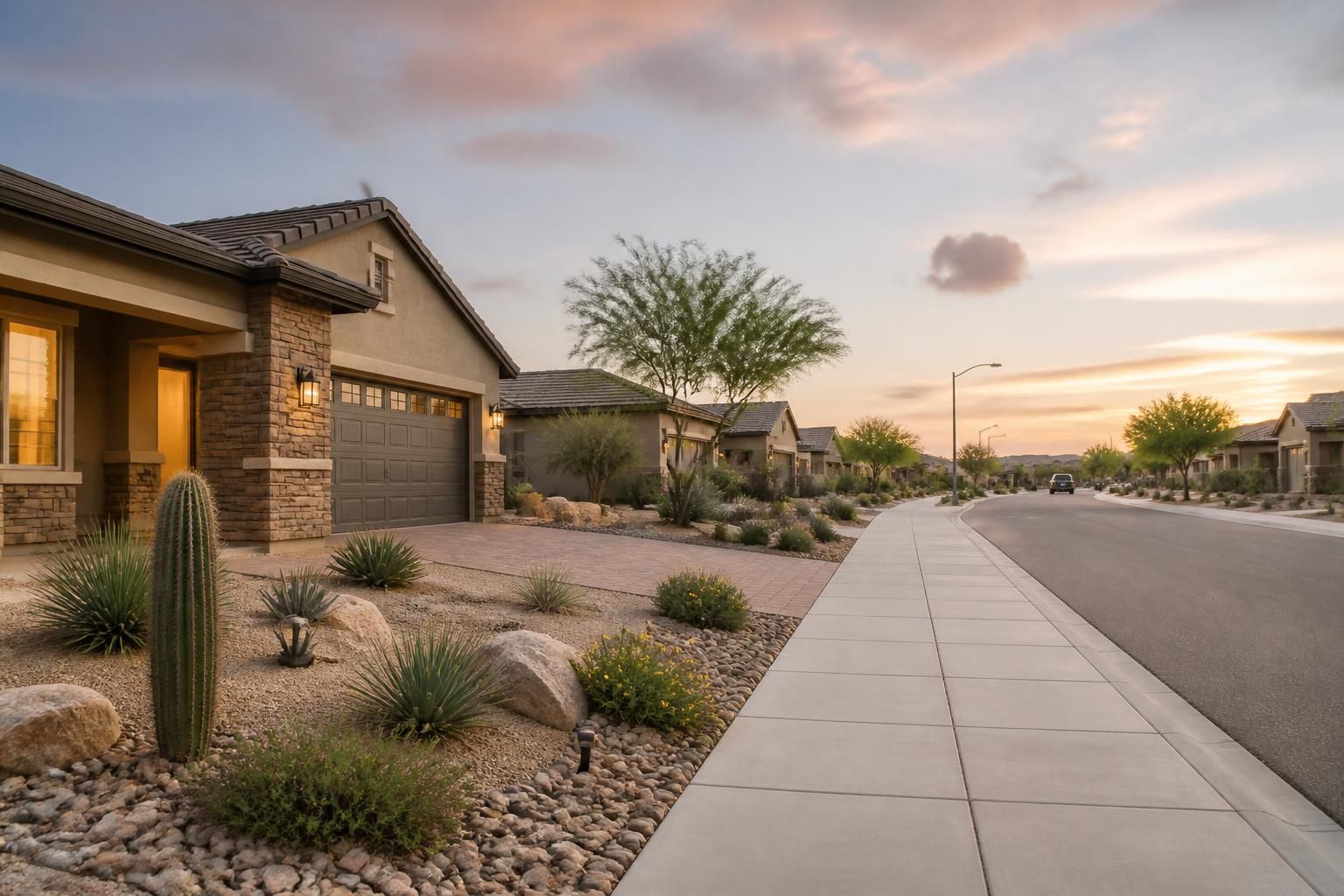Spacious Queen Creek homes with wide streets and desert-inspired landscaping.