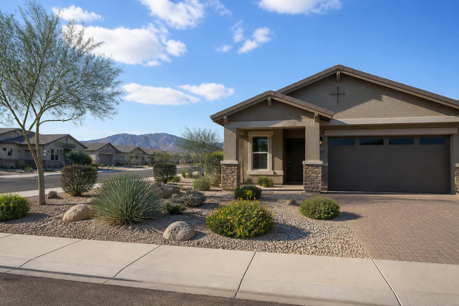 Newer San Tan Valley homes with open skies and neat landscaping.