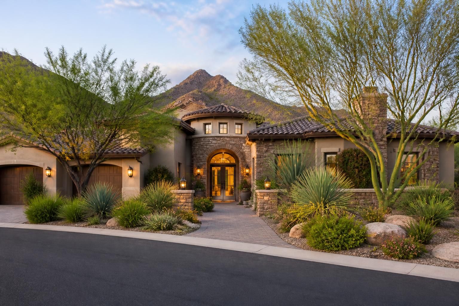 Upscale Scottsdale neighborhood with refined homes and lush desert landscaping.